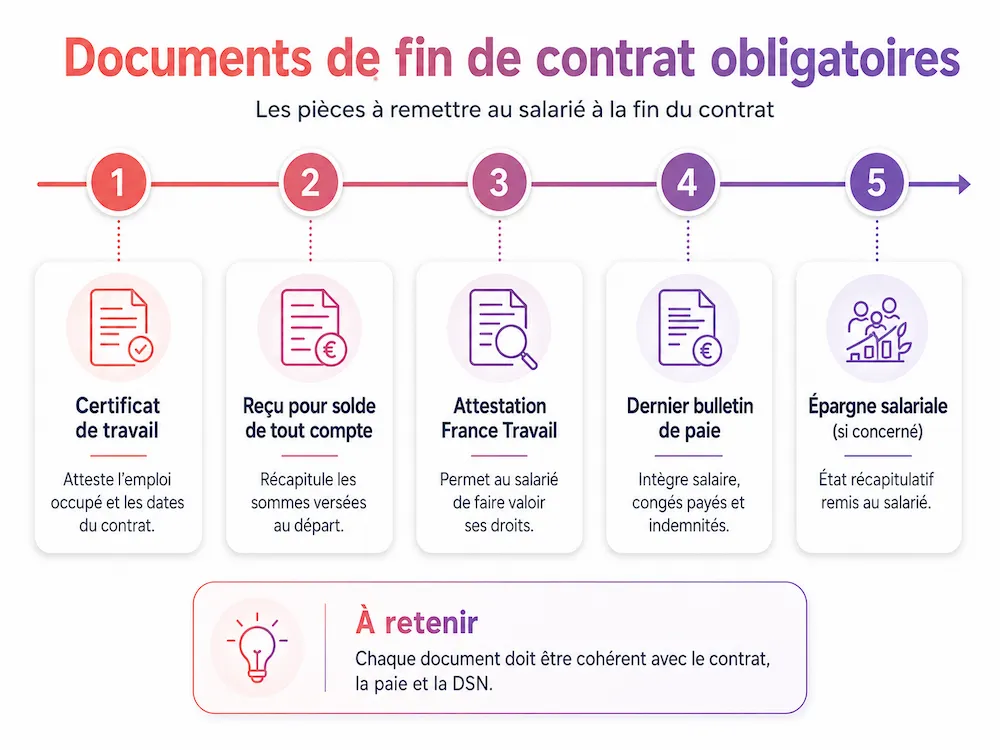 Timeline des documents de fin de contrat obligatoires à remettre au salarié : certificat de travail, solde de tout compte, attestation France Travail et dernier bulletin de paie.